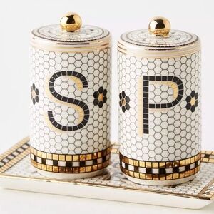 Anthropologie Bistro Tile Stoneware Salt Pepper Shaker Set 3 Pcs Mosaic
